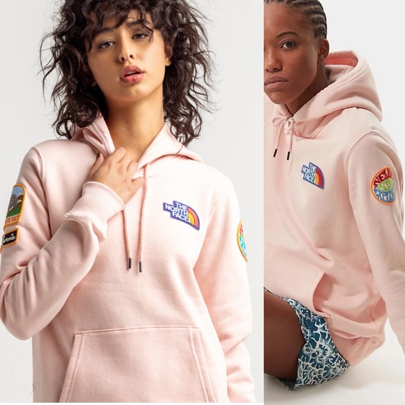 The North Face Logo Patchwork Rainbow Retro Blush Pink Hoodie Sweatshirt Small - Picture 1 of 8